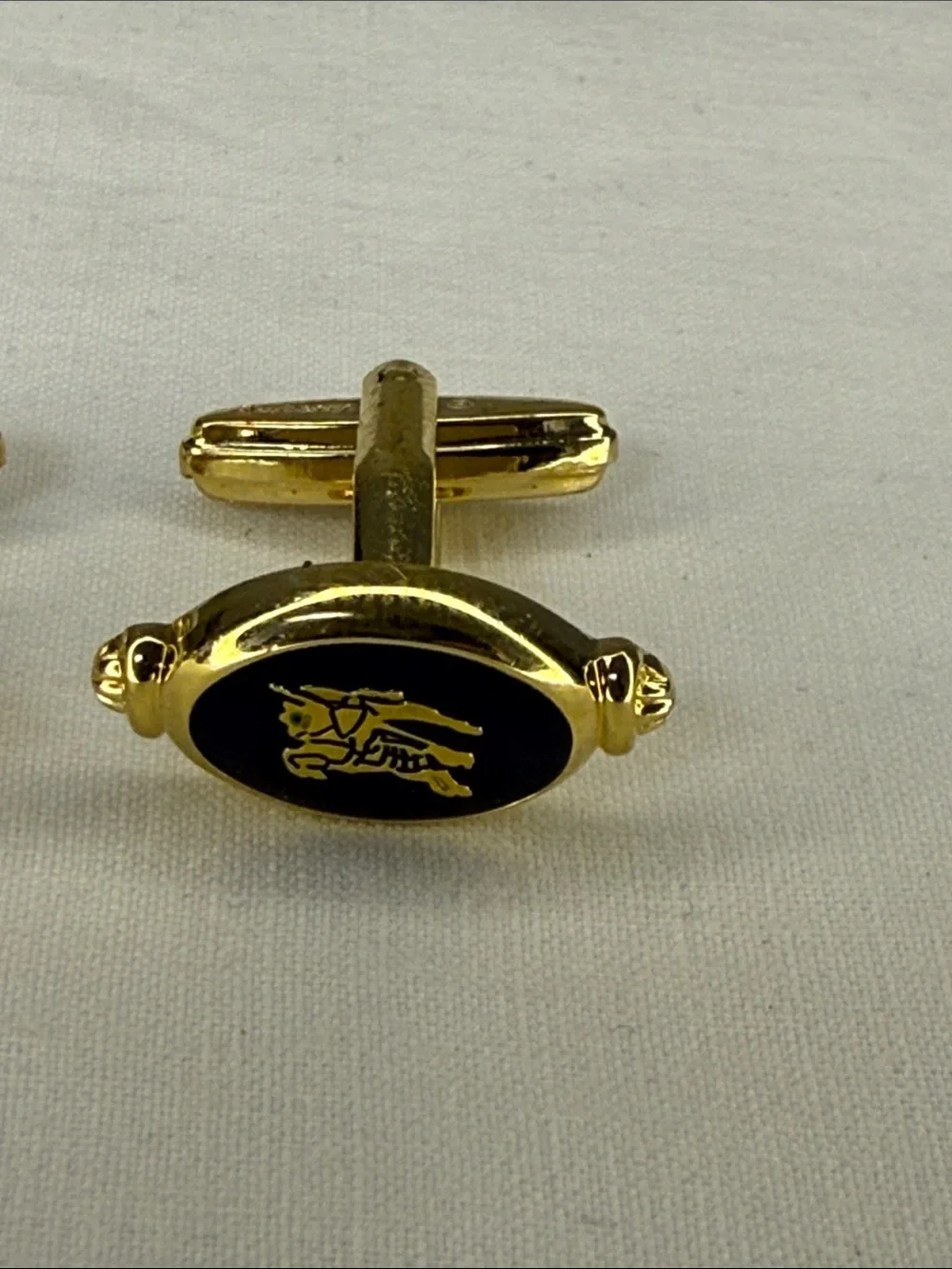 Vintage Burberrys Nova Check Knight Logo Gold Tone Cufflinks